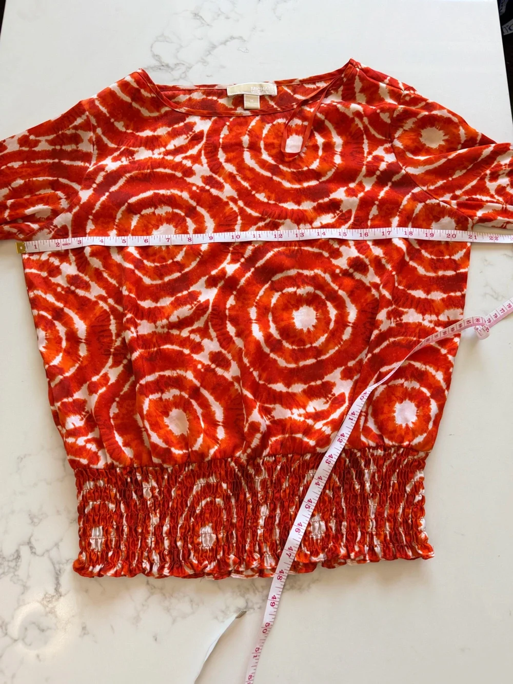 Michael Kors Orange Tie-Dye Circle Print Smocked Hem Blouse
